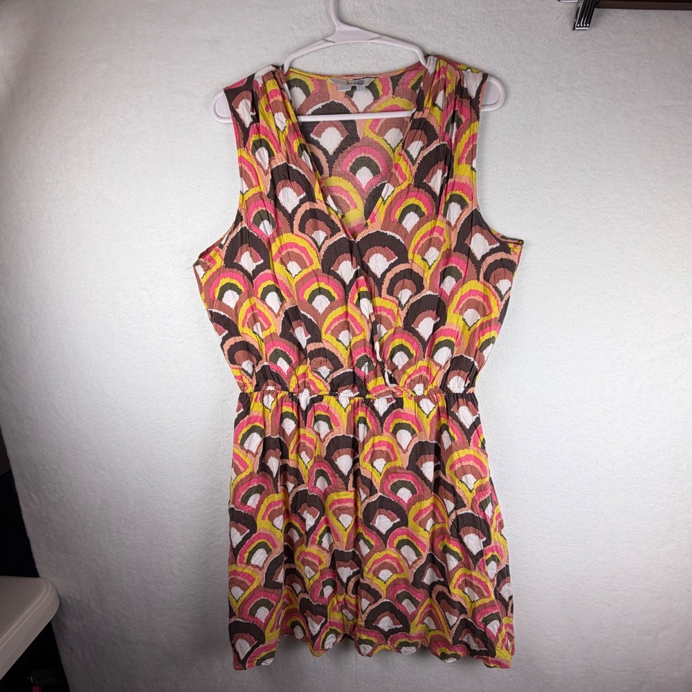 Boden Pink Yellow Brown Scallop Print Sleeveless V-Neck Mini Dress US 12 WH838